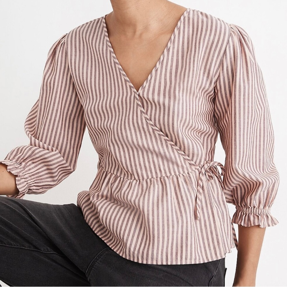 Madewell Puff-Sleeve Peplum Wrap Top in Stripe - Picture 2 of 5